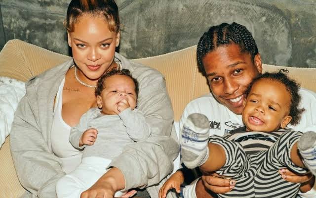 Rihanna and A$AP Rocky celebrating their growing family with their children.