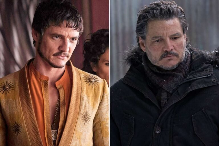 Pedro Pascal portraying Oberyn Martell in Game of Thrones next to a modern portrait.