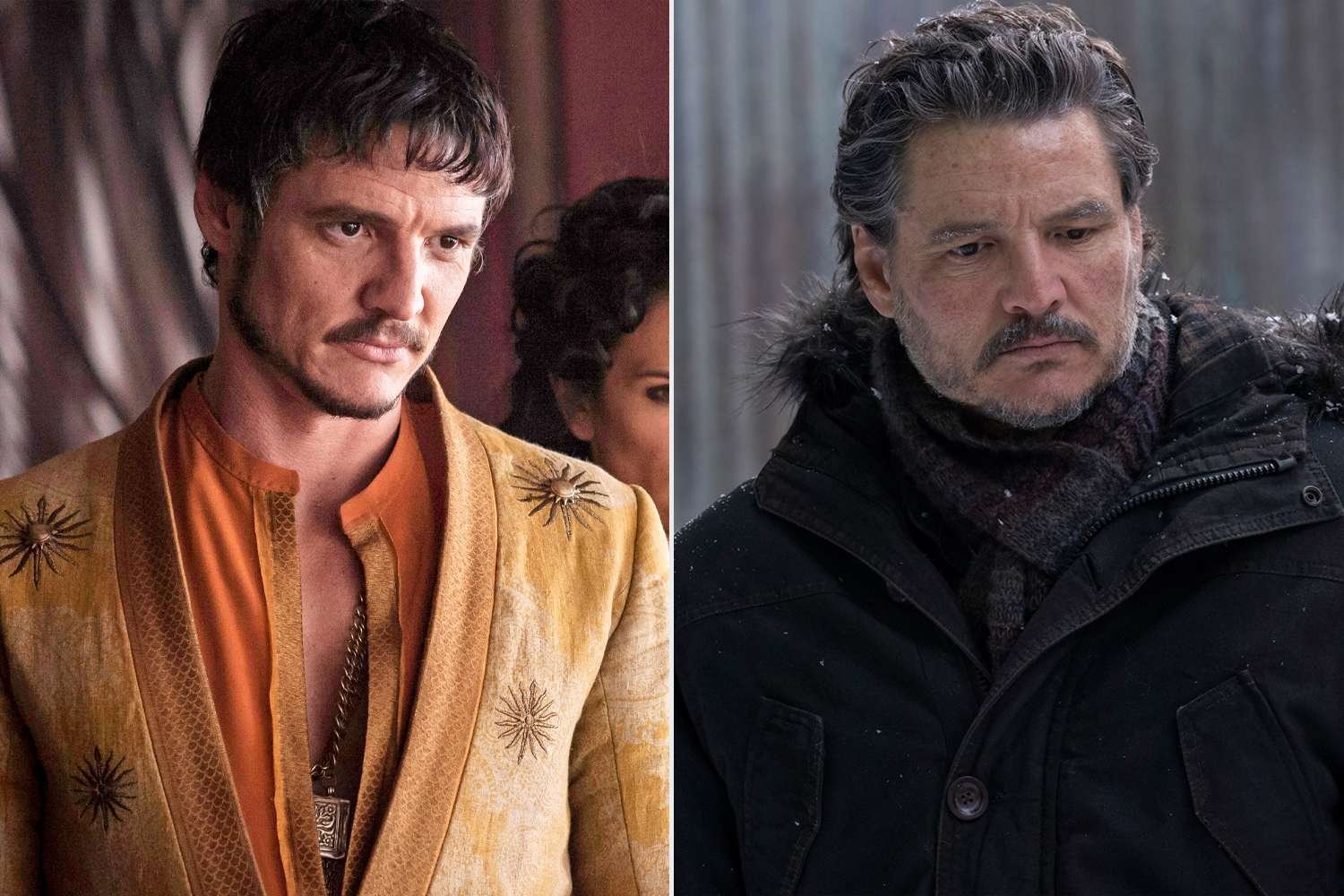 Pedro Pascal portraying Oberyn Martell in Game of Thrones next to a modern portrait.